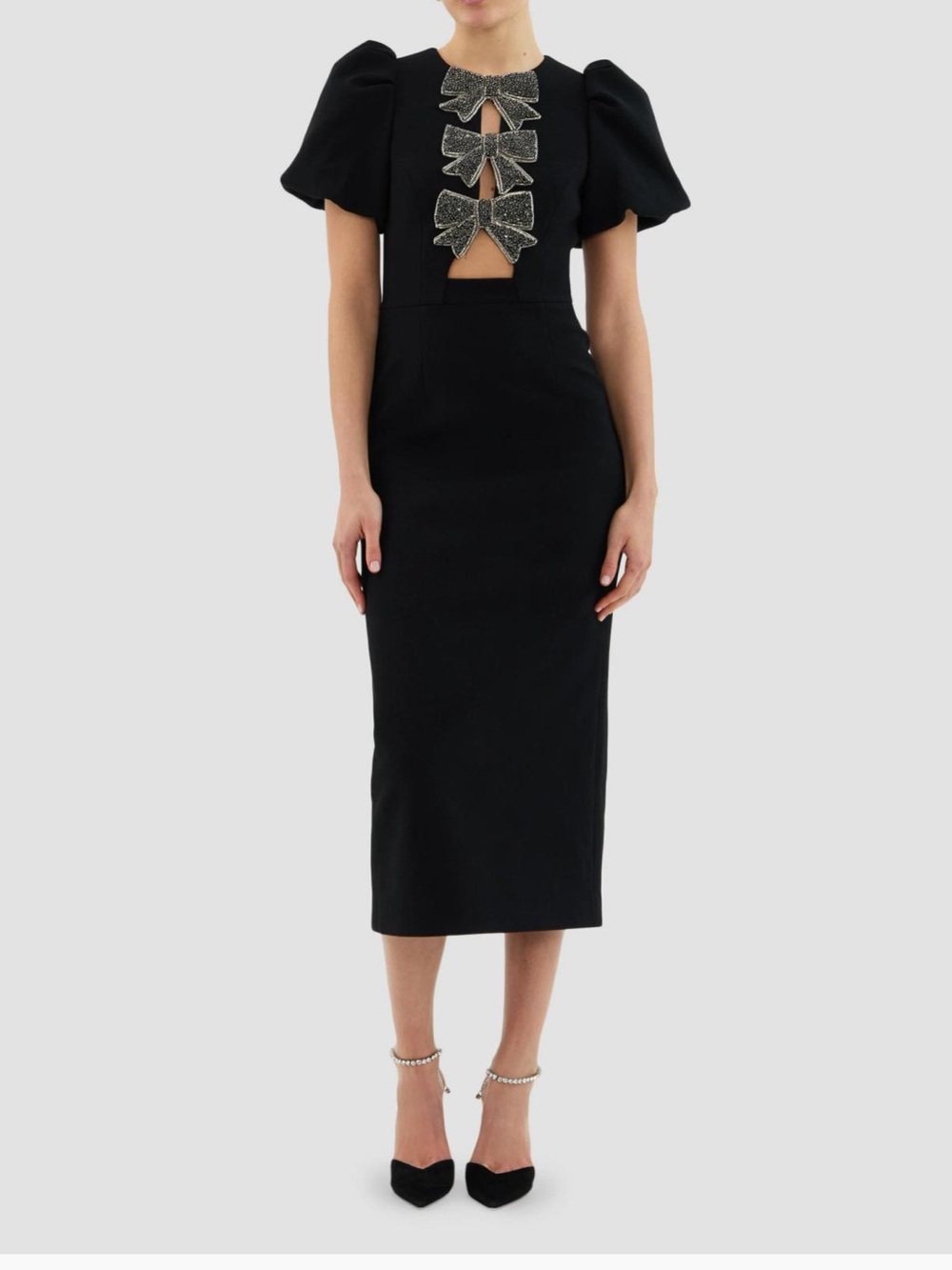 Rebecca Vallance Black Midi Dress with Embellished Bows- size US 4